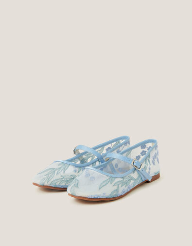 Floral Embroidered Mesh Ballet Flats, Blue (BLUE), large