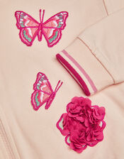 Floral Butterfly Embroidered Zip-Up Hoodie, White (WHITE), large