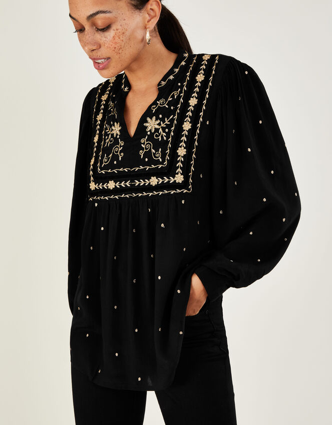 Edwina Embroidered Top in Sustainable Viscose Black