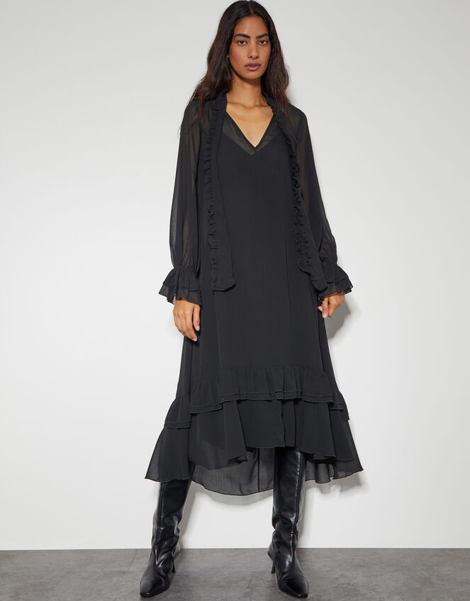Aurelia Long Sleeve Ruffle Midi Dress, Black (BLACK), large