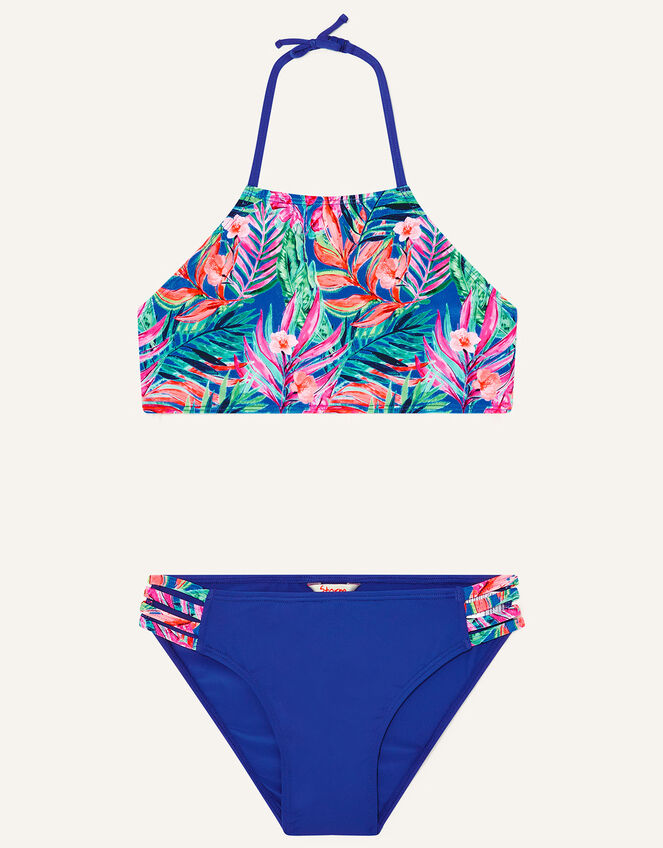 Palm Print Halter Neck Bikini, Blue (BLUE), large