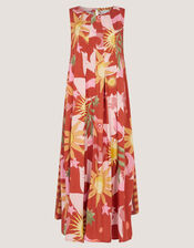 Anissa Sun Print Pleated Midi Dress, Orange (ORANGE), large