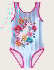 Unicorn Stripe Print Swimsuit, Blue (BLUE), large