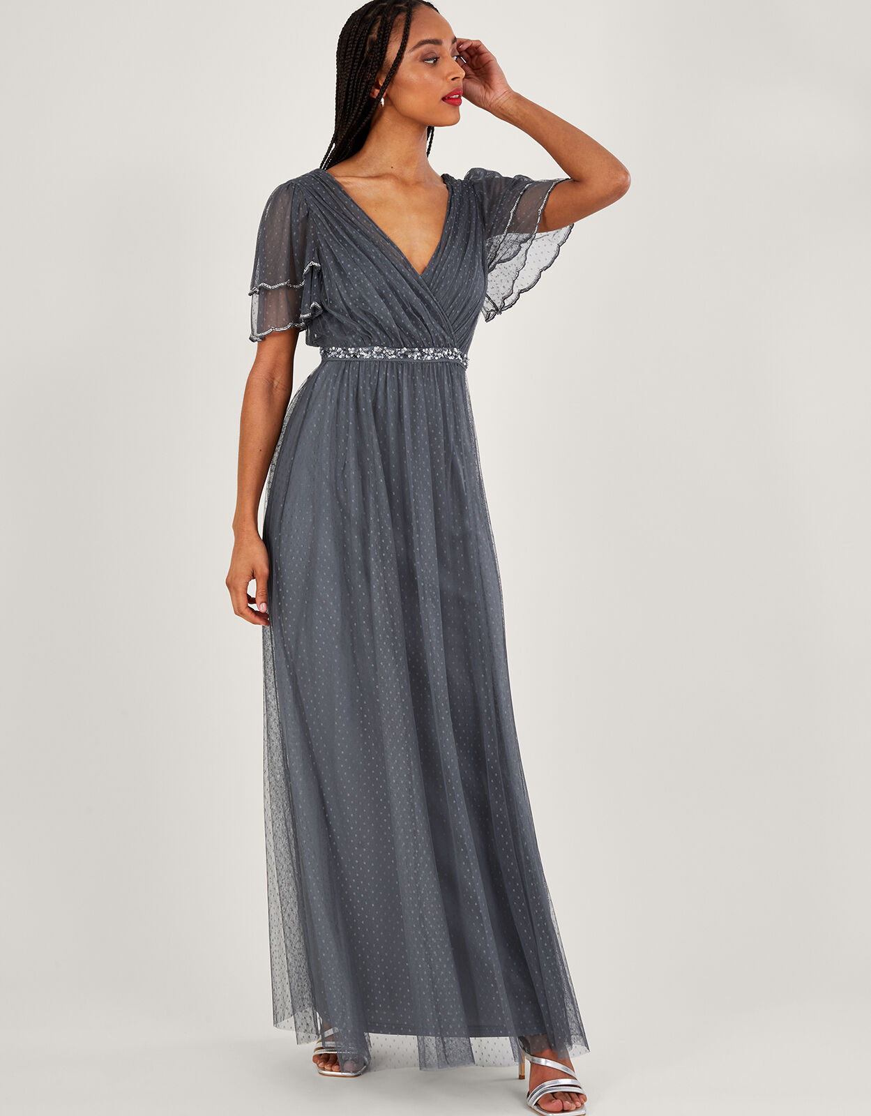 Feather Off The Shoulder Pleated Evening Maxi Dress - Black