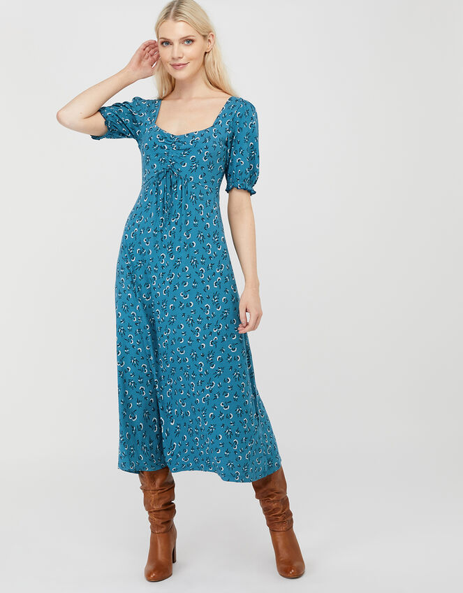 Dua Ditsy Floral Tea Dress in Organic Cotton, Teal (TEAL), large