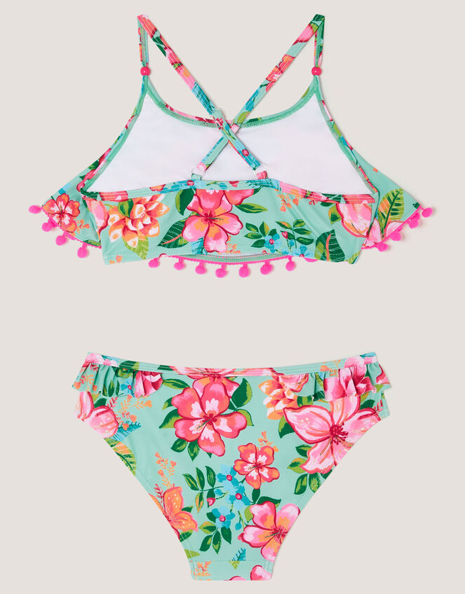 Tropical Flower Frill Bikini Swim Set, Blue (AQUA), large