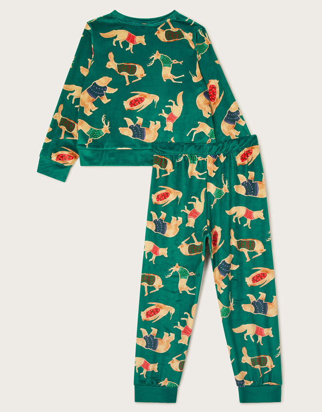 Velour Festive Animal Print Long Pyjamas Set, Green (GREEN), large