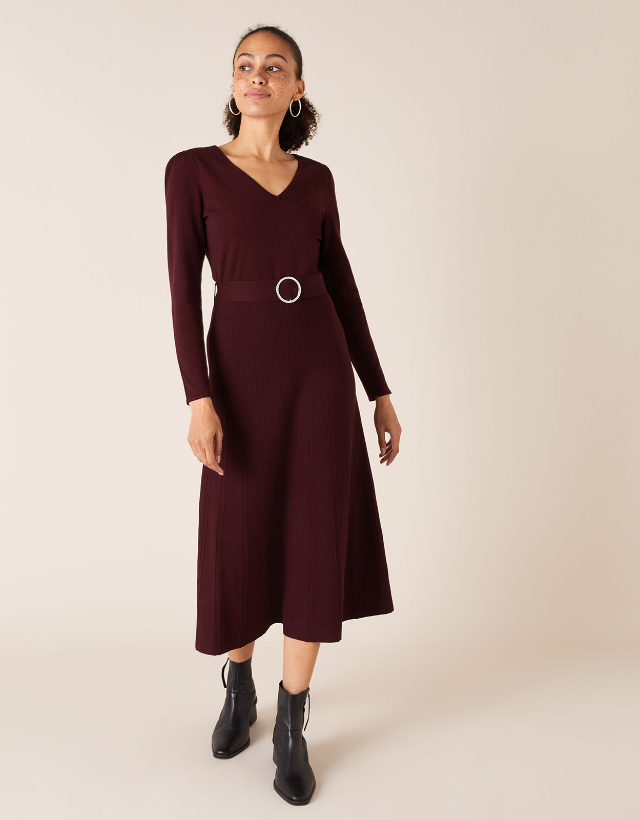 Belted Knit Midi Dress Red