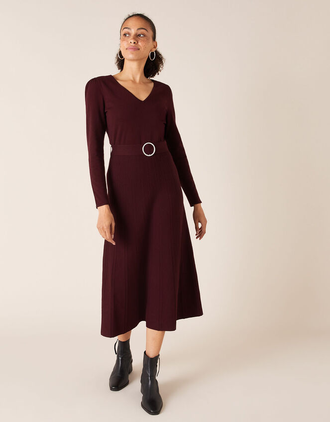 Belted Knit Midi Dress, Red (BERRY), large