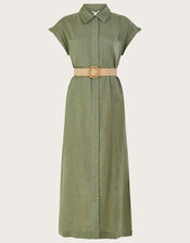 Belted Midi Dress in Linen Blend, Green (KHAKI), large