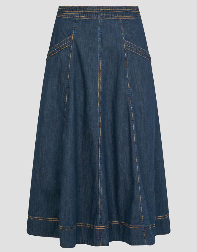 Harper Seamed Denim Midi Skirt, Blue (INDIGO), large