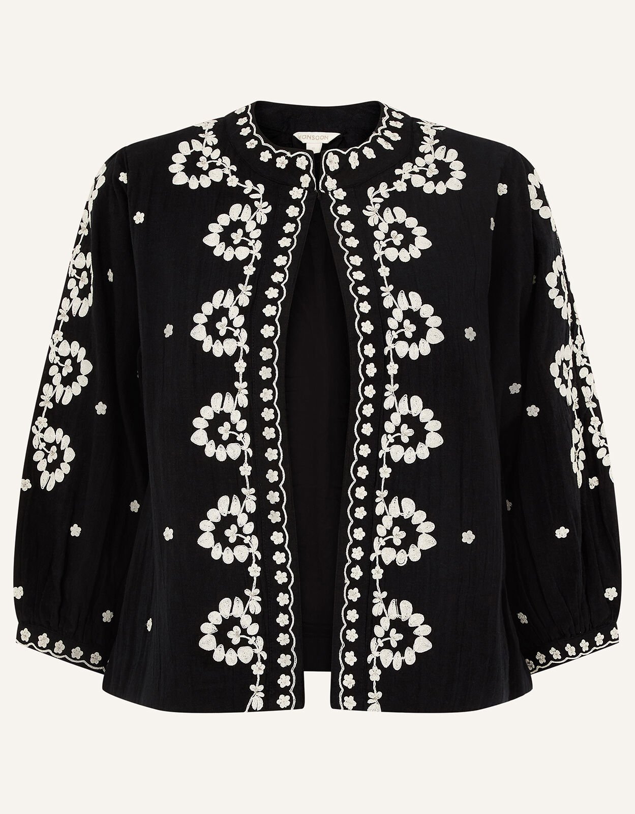 Black coat with embroidered flowers hot sale