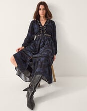 Kelly Floral Print Embellished Midi Dress , Blue (MIDNIGHT), large