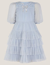 Long Sleeve Bow Beaded Ruffle Dress, Blue (BLUE), large