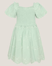 Embroidered Puff Sleeve Smocked Dress, Green (GREEN), large