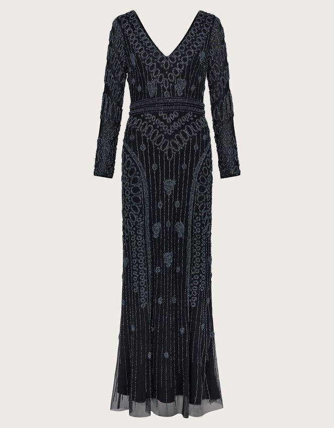Lorelai Beaded Long Sleeve Maxi Dress, Black (BLACK), large