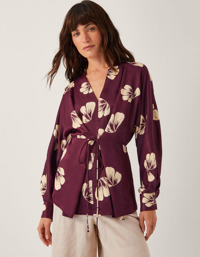 Roz Floral Wrap Top, Red (BURGUNDY), large