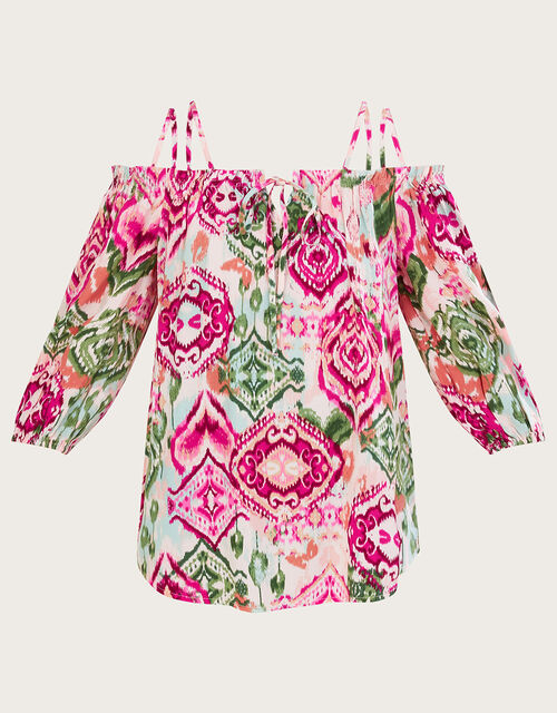 Bardot Ikat Print Top in LENZING™ ECOVERO™, Pink (PINK), large
