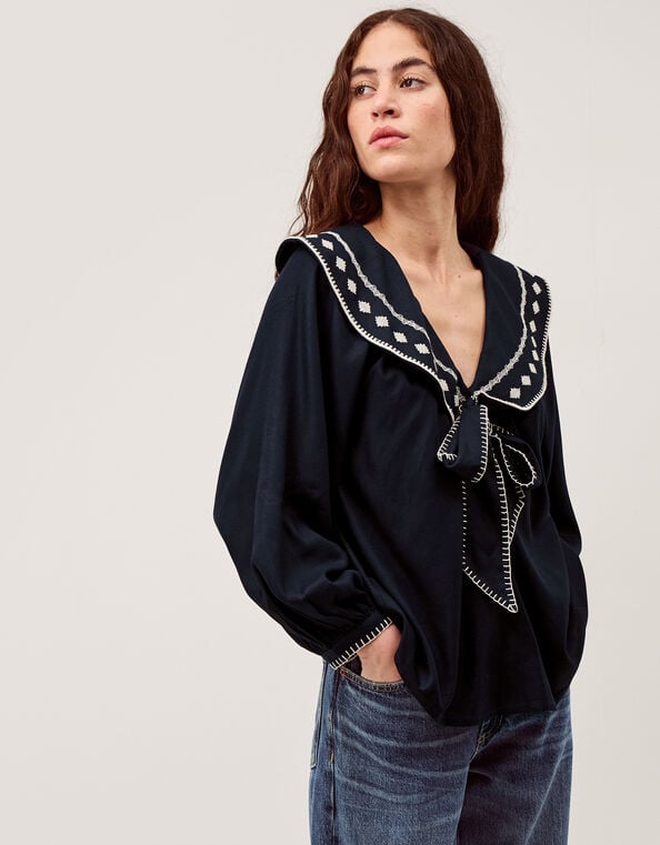 Lola Embroidered Sailor Collar Top, Blue (NAVY), large
