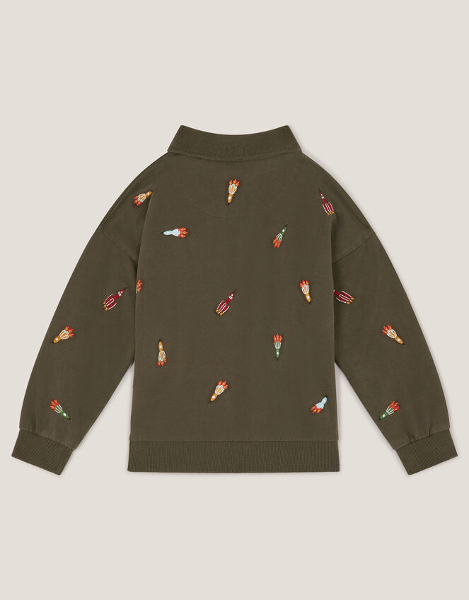 Spaceship Embroidered Polo Sweatshirt, Green (KHAKI), large