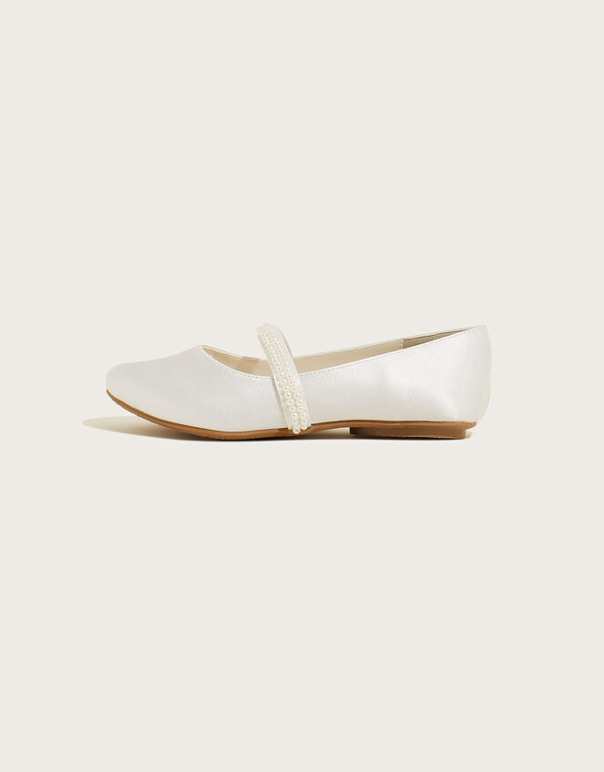 Pearl Strap Satin Communion Ballerina Flats, White (WHITE), large