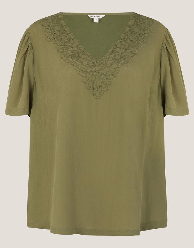 Lisa Embroidered Lace T-Shirt, Green (KHAKI), large