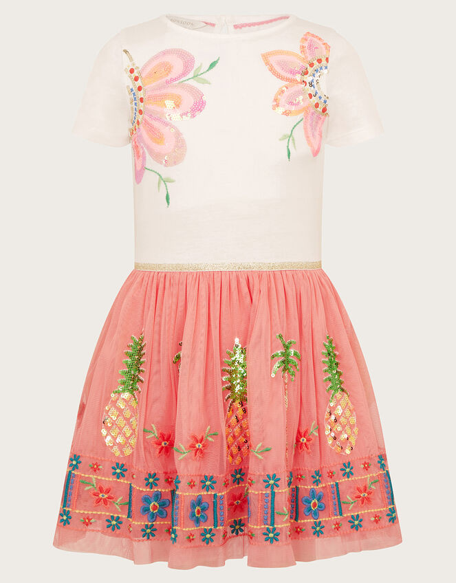 Tropical Embellished Disco Dress, Orange (CORAL), large