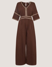 Taryn Embroidered Jersey Jumpsuit, Brown (BROWN), large