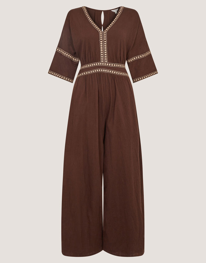 Taryn Embroidered Jersey Jumpsuit, Brown (BROWN), large