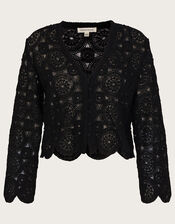 Crochet Crop Cardigan in Sustainable Cotton, Black (BLACK), large