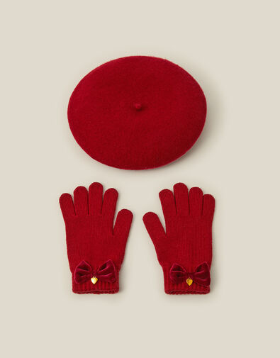 Velvet Bow Beret & Gloves Set, Red (RED), large