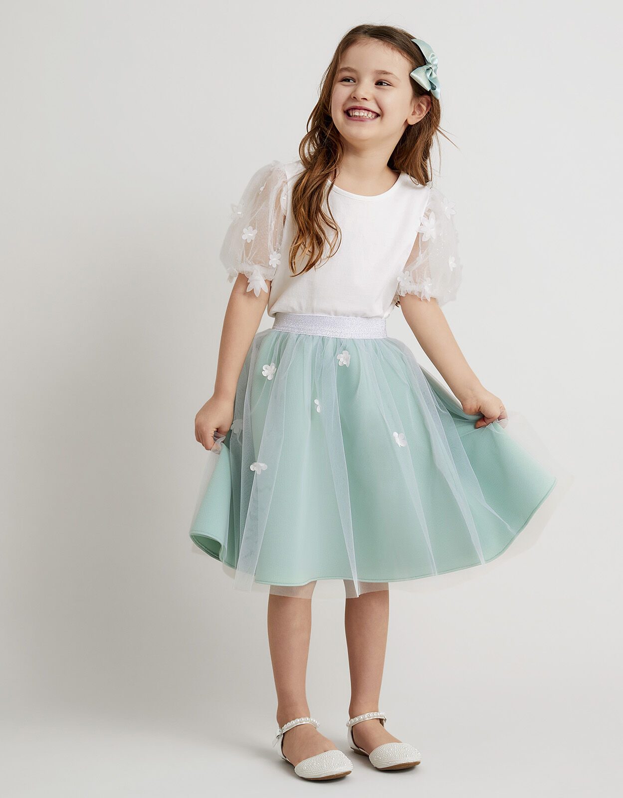 Layla 3D Petal Scuba Skirt Green Girls Skirts Monsoon UK