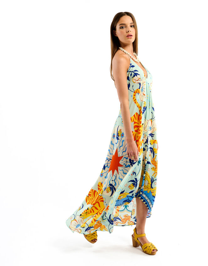 Wild Voila Tiger Print Backless Midi Dress , Blue (BLUE), large