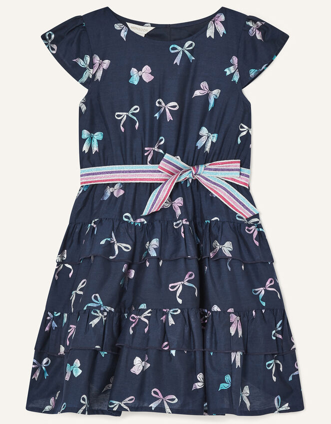 Foil Bow Print Dress with Recycled Polyester, Blue (NAVY), large