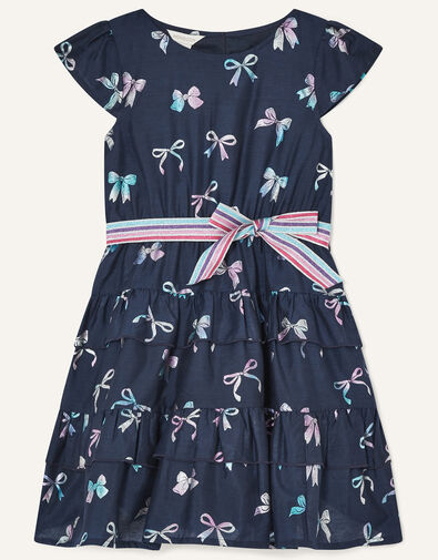 Foil Bow Print Dress with Recycled Polyester Blue, Blue (NAVY), large