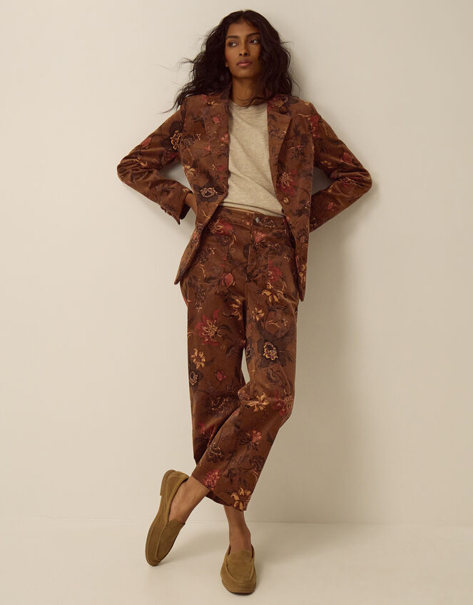 Princella High Waisted Cropped Floral Corduroy Trousers, Brown (BROWN), large