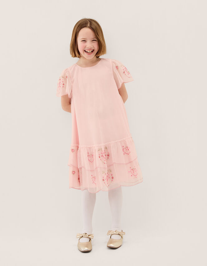 Heart Embellished Mesh Party Dress, Pink (PINK), large