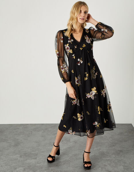 Teri Embroidered Midi Dress in Recycled Polyester Black, Black (BLACK), large