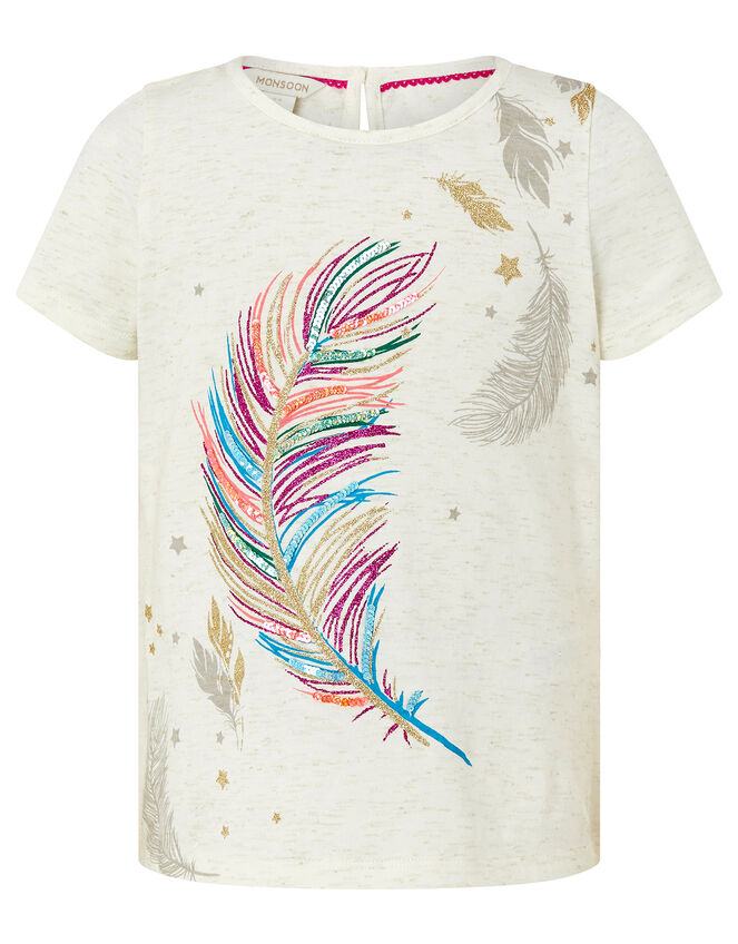 Glitter and Sequin Feather T-Shirt, Camel (OATMEAL), large