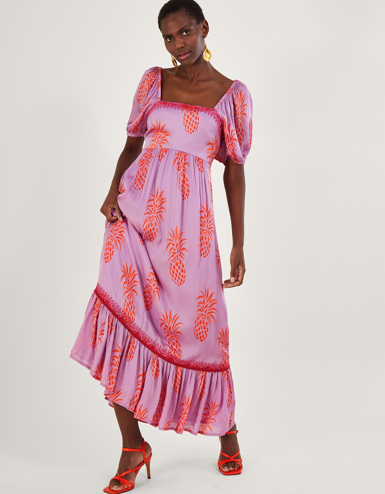 Anasi Pineapple Print Dress in Sustainable Viscose Purple Evening Dresses Monsoon UK