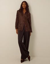 Shelby Sequin Fringe Satin Shirt, Brown (CHOCOLATE), large