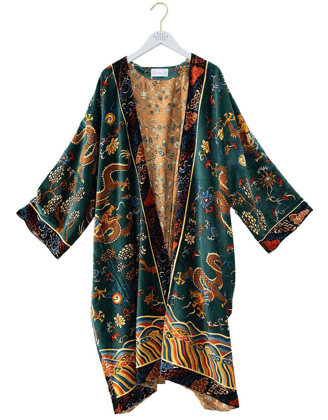 One Hundred Stars Velvet Dragon Print Kimono, , large