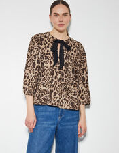 Archie Leopard Print Peplum Top, Brown (BROWN), large