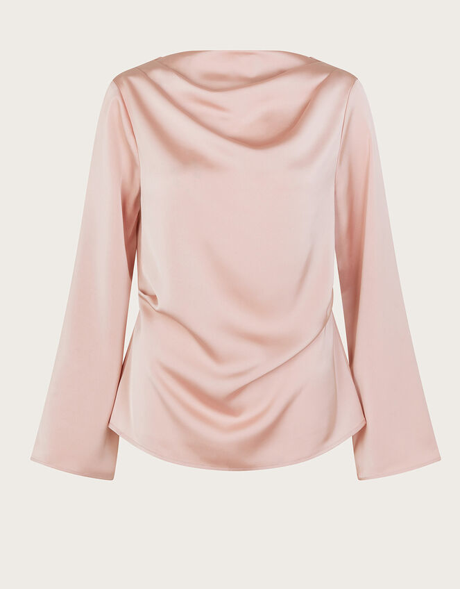 Clarissa Long Sleeve Cowl Satin Top, Pink (PINK), large