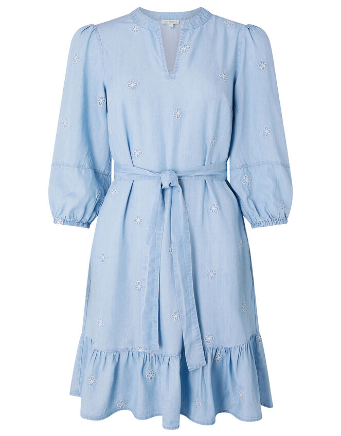 Evie Floral Embroidery Dress in LENZING™ TENCEL™, Blue (DENIM BLUE), large