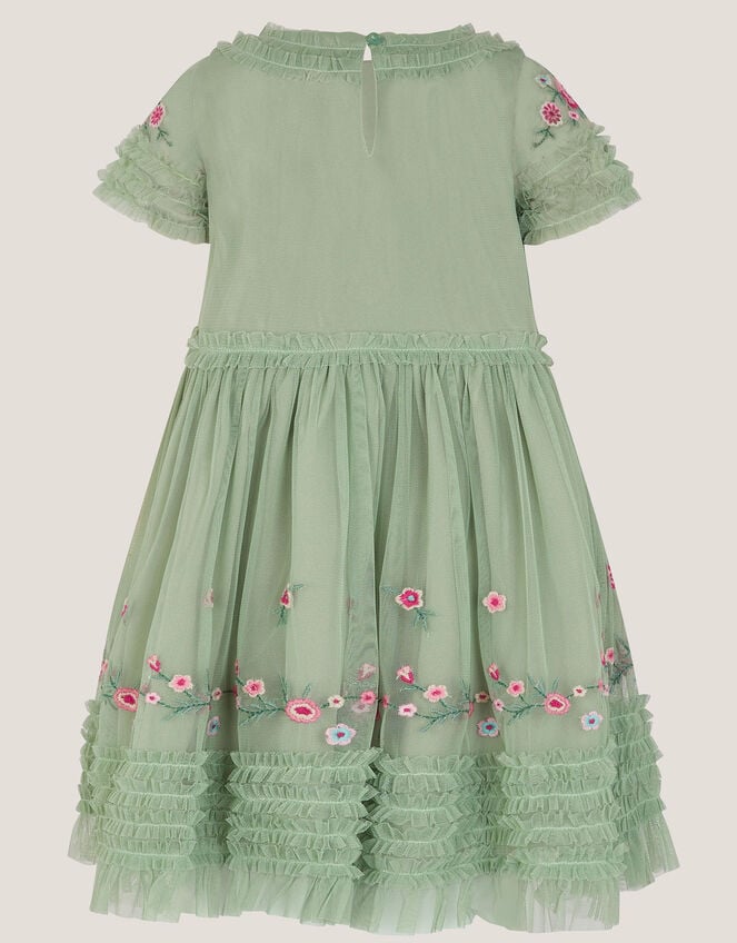 Floral Embroidered Ruffle Tulle Dress, Green (GREEN), large