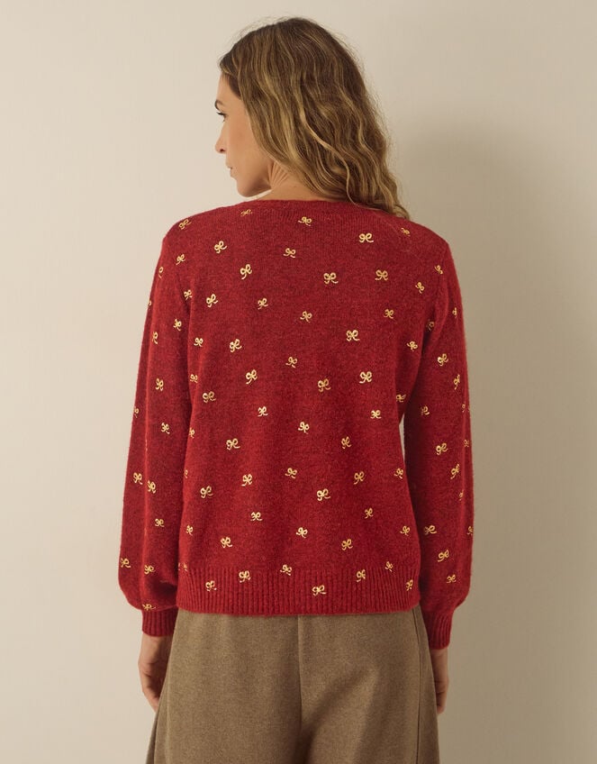 Fee Foil Bow Crew Neck Cardigan, Red (BURGUNDY), large
