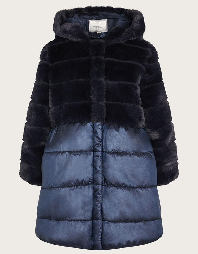 Faux Fur Padded Shine Coat, Blue (NAVY), large