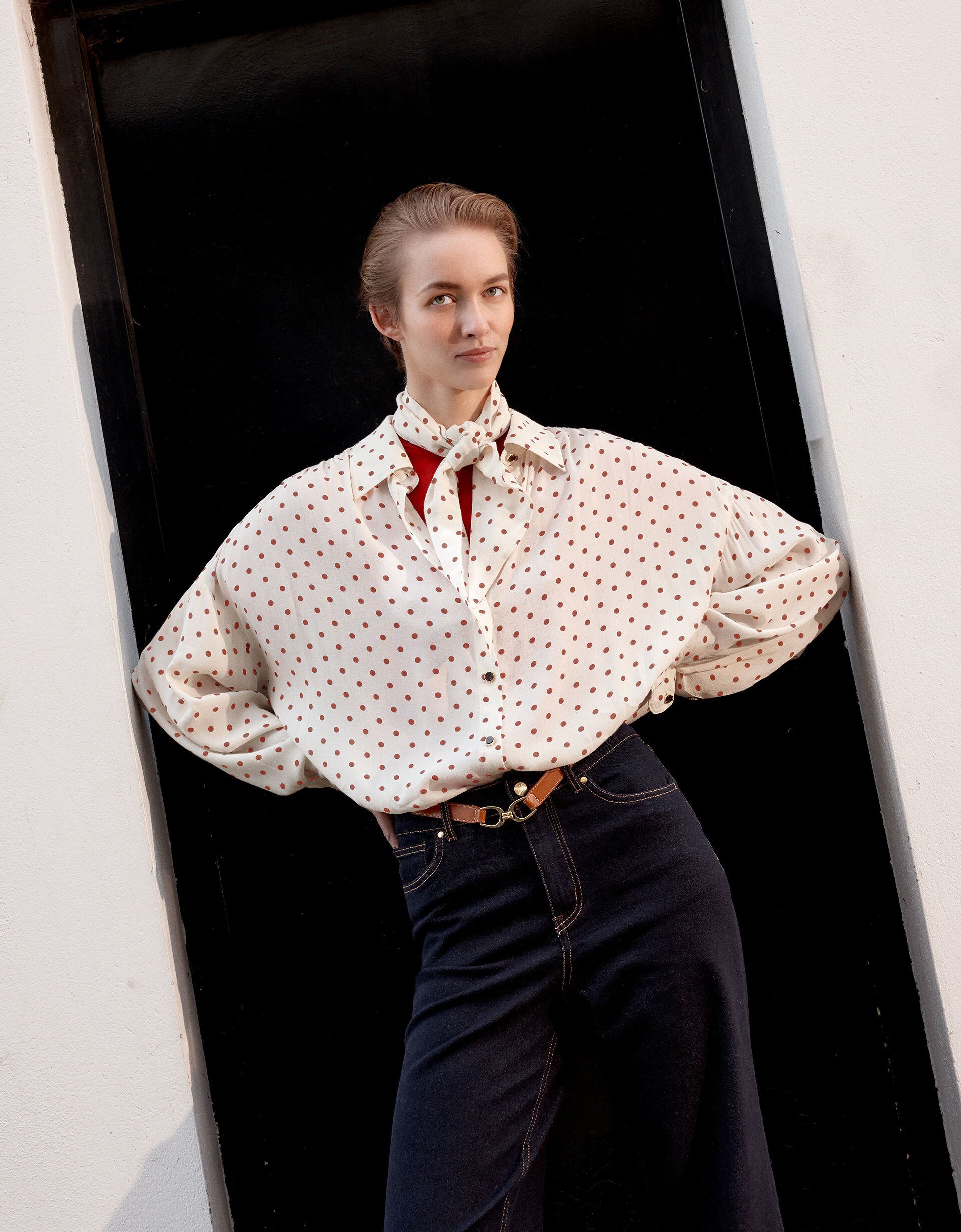 Esme Polka Dot Shirt & Scarf , Ivory (IVORY), large