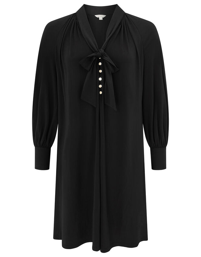 Tie-Neck Smart Short Jersey Dress, Black (BLACK), large